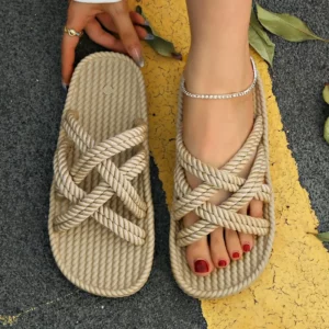2025 New Summer Women's Hemp Rope Sandals Woven Elastic Roman Flat Bottom Casual and Comfortable Beach Shoes Женские Сандалии - Image 4