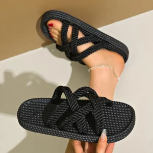 2025 New Summer Women's Hemp Rope Sandals Woven Elastic Roman Flat Bottom Casual and Comfortable Beach Shoes Женские Сандалии - Image 5