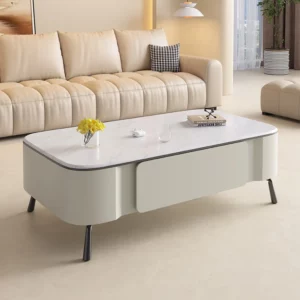 Simple Modern Living Room Center Table Luxury Beige Coffee Table TV Stand Set Home Interior Steel Leg Tables with Storage Drawer - Image 2