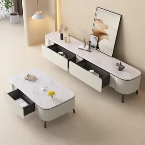 Simple Modern Living Room Center Table Luxury Beige Coffee Table TV Stand Set Home Interior Steel Leg Tables with Storage Drawer - Image 3