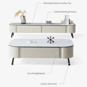 Simple Modern Living Room Center Table Luxury Beige Coffee Table TV Stand Set Home Interior Steel Leg Tables with Storage Drawer - Image 5