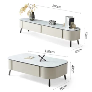 Simple Modern Living Room Center Table Luxury Beige Coffee Table TV Stand Set Home Interior Steel Leg Tables with Storage Drawer - Image 6