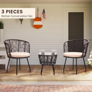 new 3 Piece Bistro Set, Modern Outdoor Wicker Patio Furniture with Tempered Glass Table Top and 2 Chairs, Washable Cushions - Image 2