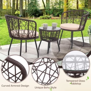new 3 Piece Bistro Set, Modern Outdoor Wicker Patio Furniture with Tempered Glass Table Top and 2 Chairs, Washable Cushions - Image 4