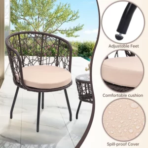 new 3 Piece Bistro Set, Modern Outdoor Wicker Patio Furniture with Tempered Glass Table Top and 2 Chairs, Washable Cushions - Image 5
