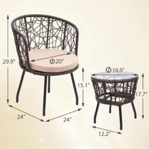 new 3 Piece Bistro Set, Modern Outdoor Wicker Patio Furniture with Tempered Glass Table Top and 2 Chairs, Washable Cushions - Image 6
