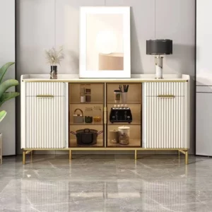 Luxury Modern Design Glass Door Living Room Side Cabinet Storage Table Dining Room Wooden Marble Top Buffet Sideboard Cabinet - Image 3