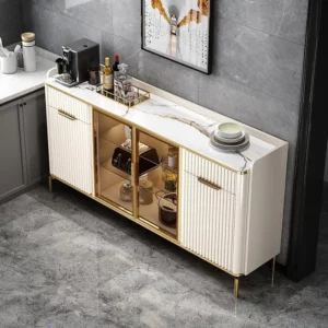 Luxury Modern Design Glass Door Living Room Side Cabinet Storage Table Dining Room Wooden Marble Top Buffet Sideboard Cabinet - Image 4
