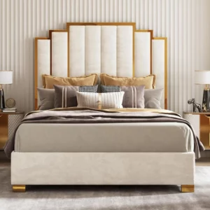 Modern Velvet Bed Frame with 61.4” Tall Gold Trim Headboard, No Box Spring Needed, Cream - Image 2