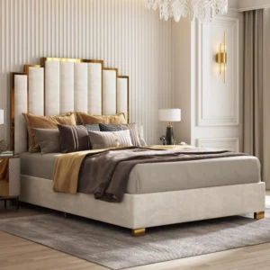 Modern Velvet Bed Frame with 61.4” Tall Gold Trim Headboard, No Box Spring Needed, Cream - Image 3