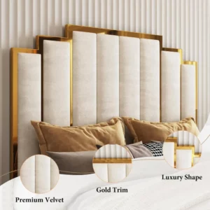 Modern Velvet Bed Frame with 61.4” Tall Gold Trim Headboard, No Box Spring Needed, Cream - Image 4