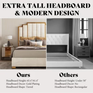 Modern Velvet Bed Frame with 61.4” Tall Gold Trim Headboard, No Box Spring Needed, Cream - Image 5