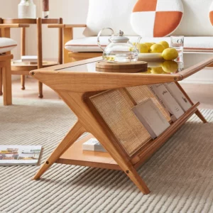 Japanese rattan coffee table rectangular household living room simple wabi wind tea table solid wood with storage space tea tabl - Image 4