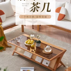 Japanese rattan coffee table rectangular household living room simple wabi wind tea table solid wood with storage space tea tabl - Image 6