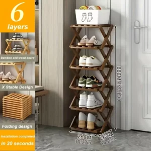 Foldable Bamboo Shoe Rack, No Assembly. Space-Saving Storage Shelf for Shoes & Desk Items. - Image 3