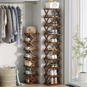 Foldable Bamboo Shoe Rack, No Assembly. Space-Saving Storage Shelf for Shoes & Desk Items. - Image 6