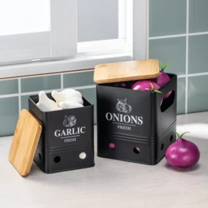 Set of 3 Iron Storage Bin with Handle and Bamboo Lid,Rustproof Kitchen Organizer for Potatoes,Onions,Garlic,Fruits,Vegetables - Image 5