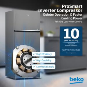 Beko Refrigerator 420 Liters Gross(367 Net) Capacity, Double Door, Top Mount, No Frost, Harvest Fresh Technology, NeoFrost Dual Cooling, Low Noise, CoolRoom, 10 Years Warranty on ProSmart Inverter Compressor - RDNG420DI silver - Image 4