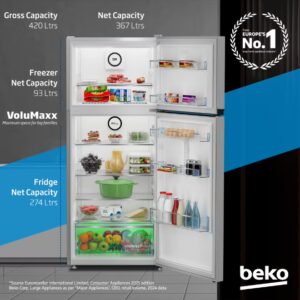 Beko Refrigerator 420 Liters Gross(367 Net) Capacity, Double Door, Top Mount, No Frost, Harvest Fresh Technology, NeoFrost Dual Cooling, Low Noise, CoolRoom, 10 Years Warranty on ProSmart Inverter Compressor - RDNG420DI silver - Image 8