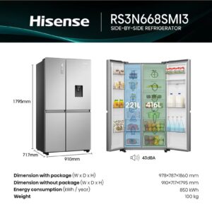 Hisense Gross 869L/Net 637L Side By Side Refrigerator Fridge RS3N668SMI3, Non Plumbed Water Despenser, Multi Air Flow, Super Freeze, Super Cool, Dual Temp Control Zone, Durable Inverter RS3N668SMI3 Silver - Image 10