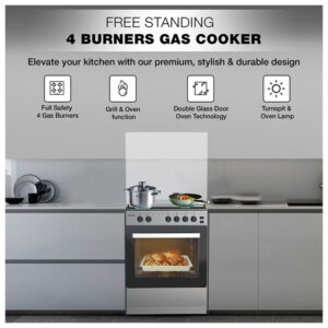 NIKAI 60x60cm Freestanding Cooker | Full Gas Cooking Range with 4 Gas Burners | Cast Iron Pan Support | Separate Knob for Oven Grill | Automatic Ignition & Full Safety – U6062FS/U6064FSA Silver - Image 7