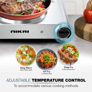 NIKAI Single Hot Plate - 1 Power, Adjustable Thermostat, Overheat Protection, Die Cast Iron Hotplates, Power Indicator Light, Stainless Steel Body, Easy Control Knob 1500 W NKTOE4N2 Silver/Black - Image 4