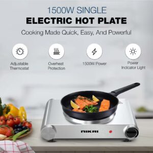 NIKAI Single Hot Plate - 1 Power, Adjustable Thermostat, Overheat Protection, Die Cast Iron Hotplates, Power Indicator Light, Stainless Steel Body, Easy Control Knob 1500 W NKTOE4N2 Silver/Black - Image 6