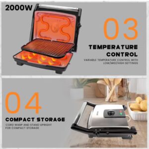 SONASHI 2000W 4 Slice Non-Stick Contact Grill & Panini Maker | Stainless Steel Body with Cool Touch Handles | Power On & Ready Indicator with Overheat Protection | SGT-854 Black/Silver 2000 W SGT-854 Black/Silver - Image 9
