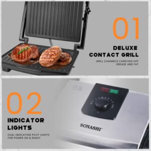 SONASHI 2000W 4 Slice Non-Stick Contact Grill & Panini Maker | Stainless Steel Body with Cool Touch Handles | Power On & Ready Indicator with Overheat Protection | SGT-854 Black/Silver 2000 W SGT-854 Black/Silver - Image 10
