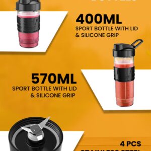 SONASHI 500W Portable Sports Blender & Smoothie Maker | with non Slip Grip Sports Bottle | 400 ML + 570 ML | One-Touch Button Smoothie Maker with 1 x 400ML, 1 x 570ML Sports Bottle, Stainless Steel Housing | Kitchen Appliance SB-184 Black/Silver/Clear 570 ml 500 W SB-184 Black/Silver/Clear - Image 2