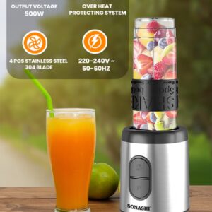 SONASHI 500W Portable Sports Blender & Smoothie Maker | with non Slip Grip Sports Bottle | 400 ML + 570 ML | One-Touch Button Smoothie Maker with 1 x 400ML, 1 x 570ML Sports Bottle, Stainless Steel Housing | Kitchen Appliance SB-184 Black/Silver/Clear 570 ml 500 W SB-184 Black/Silver/Clear - Image 3