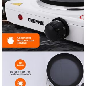 GEEPAS Electric Single Hot Plate for Flexible & Precise Table Top Cooking - Cast Iron Heating Plate - Portable Electric Hob with Temperature Control 1000 W GHP32013 White & black - Image 4