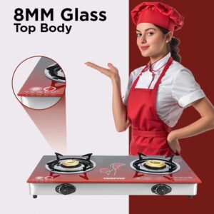 GEEPAS Double Burner Glass Top Gas Stove Stainless Steel Frame and Tray Auto Piezo Ignition GK5602 Red - Image 4