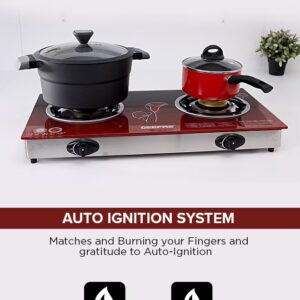 GEEPAS Double Burner Glass Top Gas Stove Stainless Steel Frame and Tray Auto Piezo Ignition GK5602 Red - Image 5