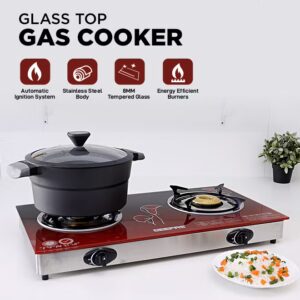 GEEPAS Double Burner Glass Top Gas Stove Stainless Steel Frame and Tray Auto Piezo Ignition GK5602 Red - Image 6