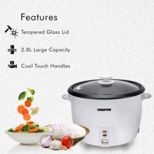 GEEPAS Automatic Rice Cooker - Steam Vent Lid & Simple One Touch Operation |Make Rice, Steam Healthy Food & Vegetables, 3 In 1 Functions, Tempered Glass LID 1.5 L 500 W GRC35011 White/Black/Clear - Image 2