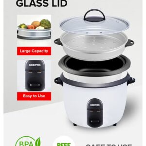 GEEPAS Automatic Rice Cooker - Steam Vent Lid & Simple One Touch Operation |Make Rice, Steam Healthy Food & Vegetables, 3 In 1 Functions, Tempered Glass LID 1.5 L 500 W GRC35011 White/Black/Clear - Image 5