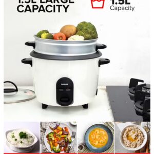 GEEPAS Automatic Rice Cooker - Steam Vent Lid & Simple One Touch Operation |Make Rice, Steam Healthy Food & Vegetables, 3 In 1 Functions, Tempered Glass LID 1.5 L 500 W GRC35011 White/Black/Clear - Image 6