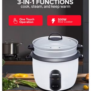 GEEPAS Automatic Rice Cooker - Steam Vent Lid & Simple One Touch Operation |Make Rice, Steam Healthy Food & Vegetables, 3 In 1 Functions, Tempered Glass LID 1.5 L 500 W GRC35011 White/Black/Clear - Image 7