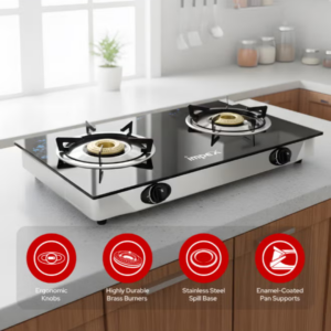 Impex 2-Burner Glass Top Gas Stove - Aesthetically Designed Glass Top, High-Efficiency Blue Flame, Spill Tray, Ergonomic Knobs, Stainless Steel Screw, Compact Size IGS 1212F Black/Silver - Image 1