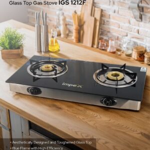 Impex 2-Burner Glass Top Gas Stove - Aesthetically Designed Glass Top, High-Efficiency Blue Flame, Spill Tray, Ergonomic Knobs, Stainless Steel Screw, Compact Size IGS 1212F Black/Silver - Image 2