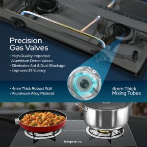 Impex 2-Burner Glass Top Gas Stove - Aesthetically Designed Glass Top, High-Efficiency Blue Flame, Spill Tray, Ergonomic Knobs, Stainless Steel Screw, Compact Size IGS 1212F Black/Silver - Image 3