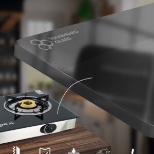 Impex 2-Burner Glass Top Gas Stove - Aesthetically Designed Glass Top, High-Efficiency Blue Flame, Spill Tray, Ergonomic Knobs, Stainless Steel Screw, Compact Size IGS 1212F Black/Silver - Image 6