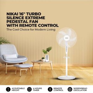 NIKAI 16 Inch Pedestal Fan With Remote And Timer, T" Class Motor, High-Performance Copper Motor, 7.5 Hours Timer, Wide Oscillation, 3 Speeds, Energy-Efficient, For Home And Office 45 W NPF1634RT White - Image 6