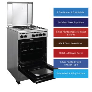 Nobel 50 x 50 Electric & Gas Cooker, 2 Gas Burner, 2 Hot Plate, Electric Grill & Electric Oven, 6 Knob Control, Manual Ignition, Stainless Steel Lid, Inner Light, 49.8 x 54.7 x 86 cm, Silver, Made In Turkey NGC5200S Silver - Image 9