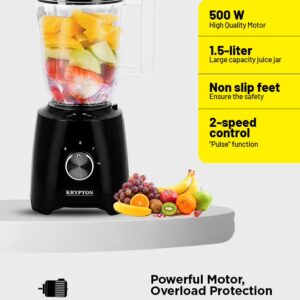 KRYPTON 3 in 1 Blender with Stainless Steel Blades, Unbreakable PC Jar with Grinder Cups, 2 Speed Switch with Pulse Function, Powerful Motor and Stylish Design 1.5 L 500 W KNB6136N Black/Clear - Image 4