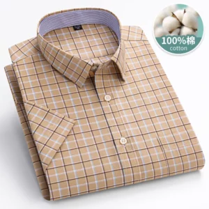 6XL-7XL 2024 New Men's Summer Oxford Cotton Shirt Short Sleeve Casual Classic Checkered Stripe Home Youth Top Large Size 105KG - Image 2
