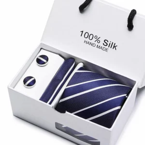 2023 100% Silk Jacquard Necktie White Geometric Tie Hanky Cufflink Set Ties For Men Gravatas Business Wedding Party Wholesale - Image 2