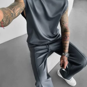 2025 Summer new men's sports fashion casual pants vest set loose sleeveless T-shirt solid color set - Image 3