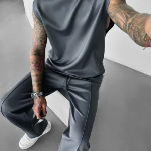2025 Summer new men's sports fashion casual pants vest set loose sleeveless T-shirt solid color set - Image 4